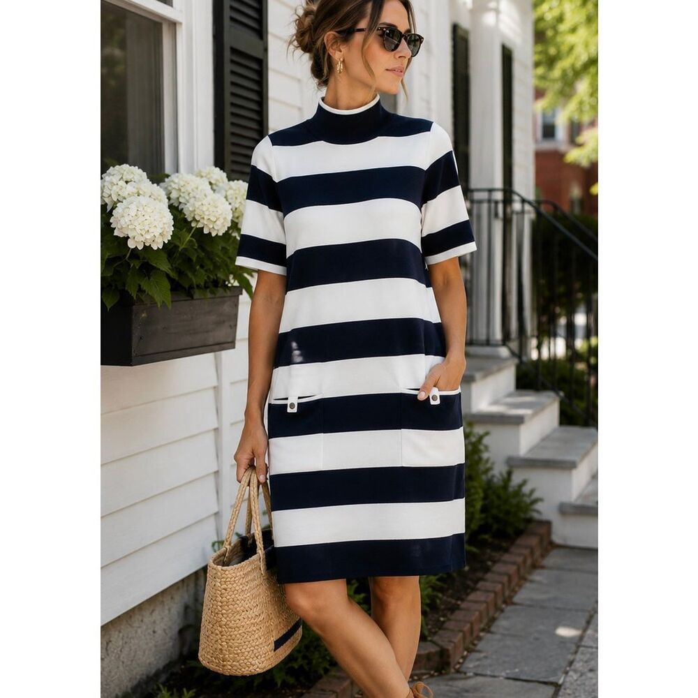 Anthropologie Maeve Annalise Mock Neck Striped Sweater Dress Sz Medium Navy